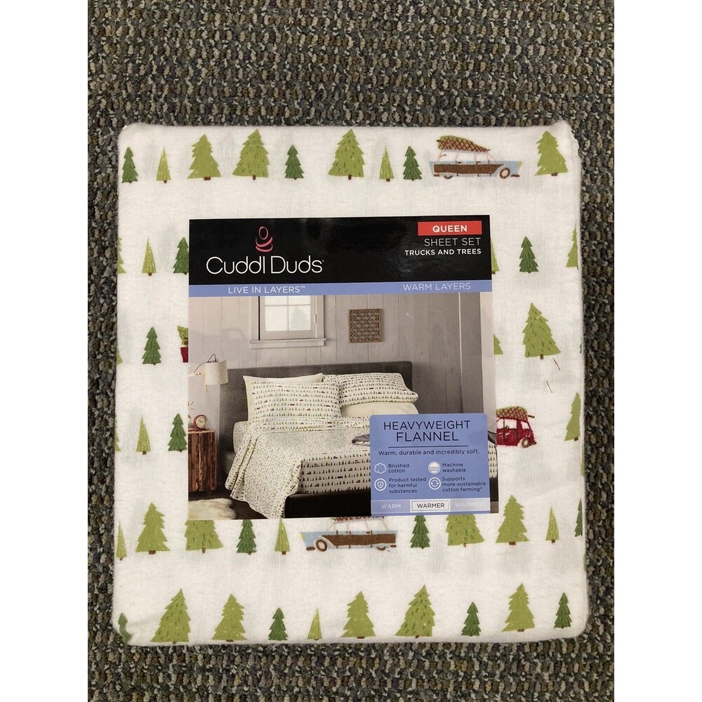 QUEEN Cuddl Duds 100% Cotton Heavyweight Flannel Sheet Set - Trucks And Trees